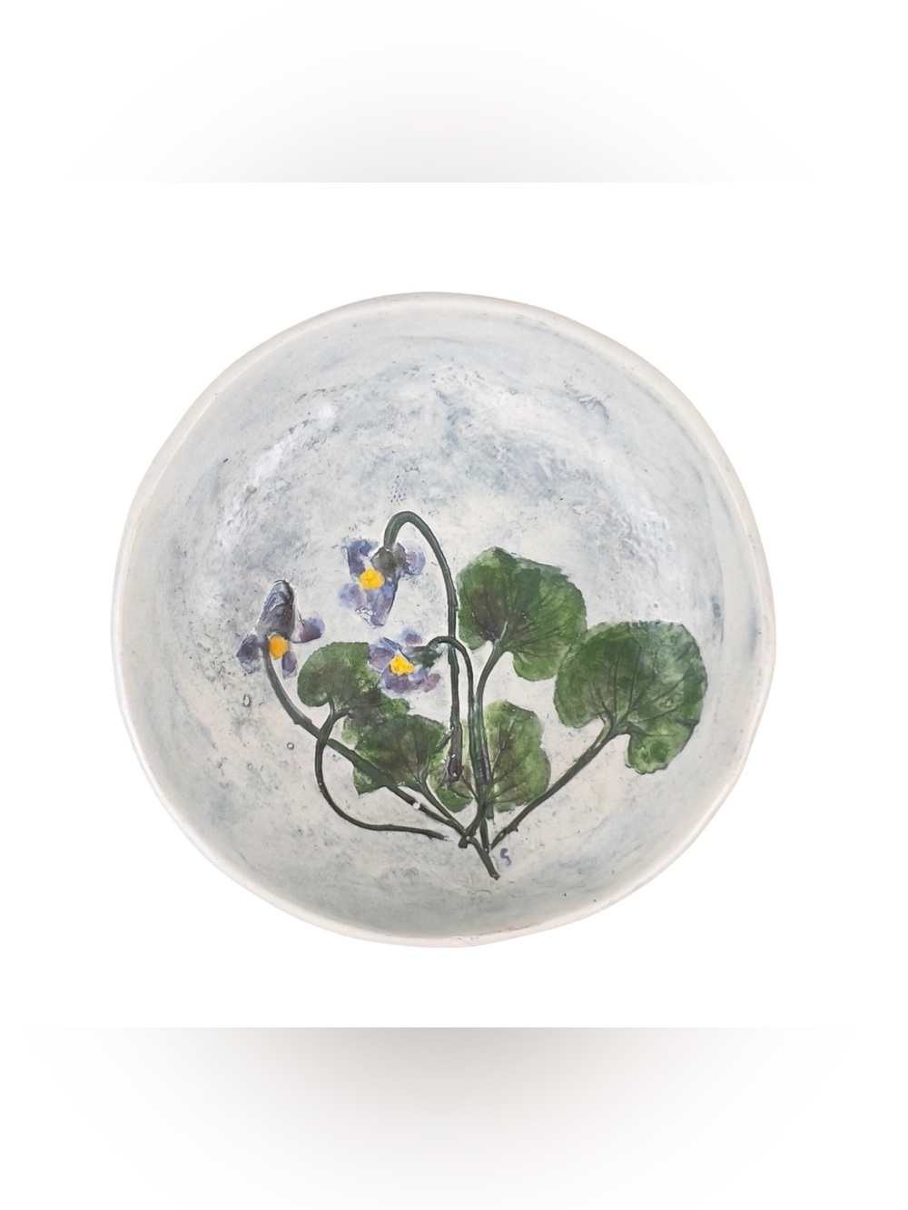 Vintage  Salt Marsh Pottery Violets 5” Trinket Bowl Or Hanging Wall Art 1986